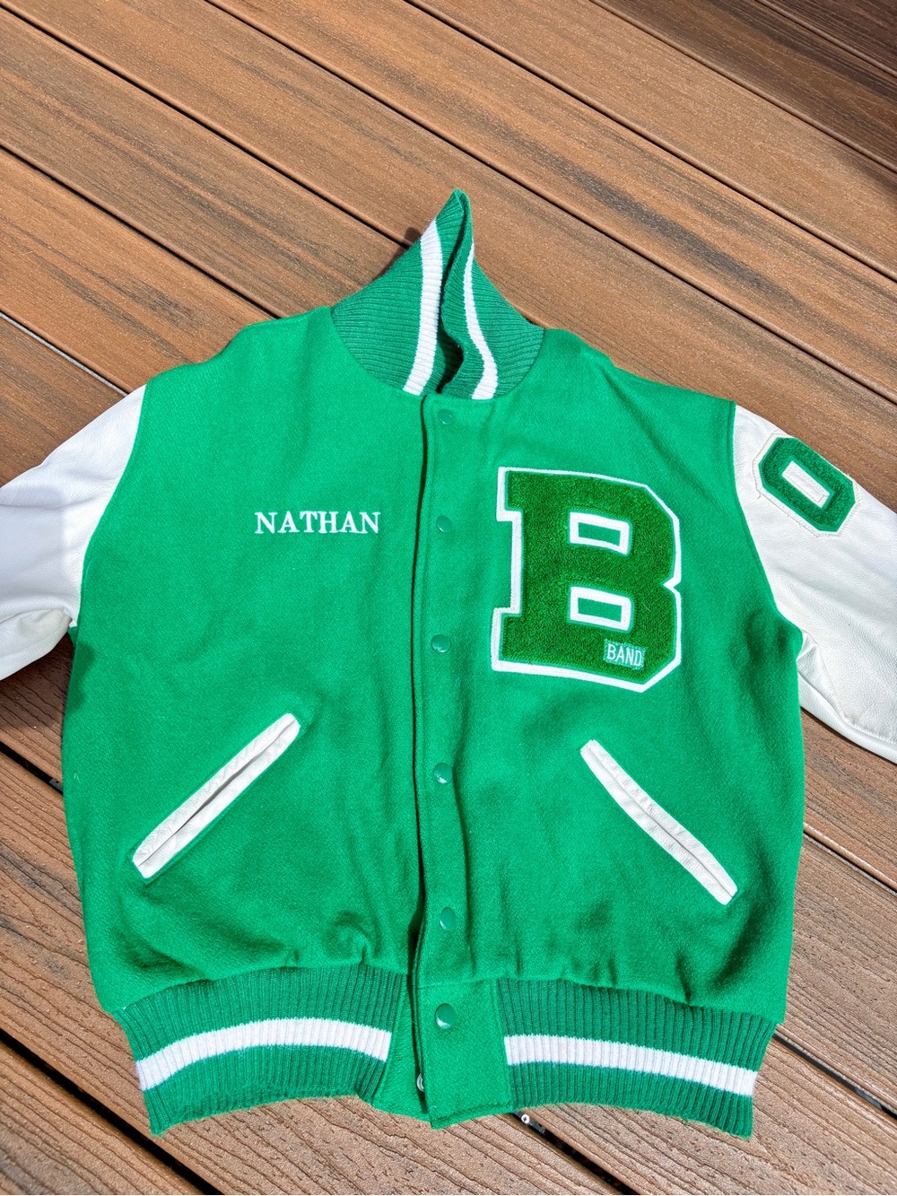 2006 Y2K Green & White Letterman Jacket with 'B' Patch